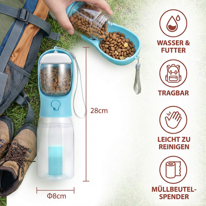 3-in-1 Hunde Trinkflasche – Wasserflasche mit Futterbehälter für unterwegs