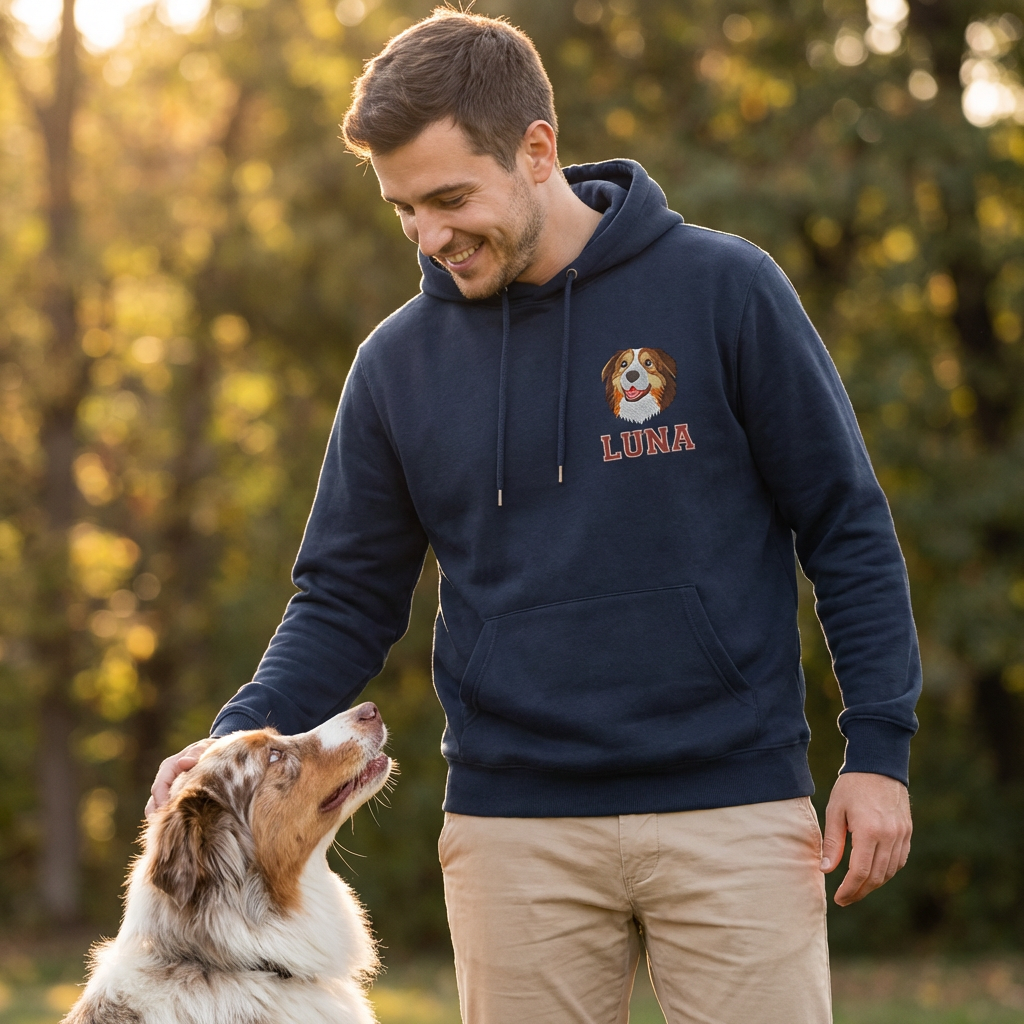 Personalisierter Hunde Hoodie  – Haustiermotiv & Namensstickerei im College-Look