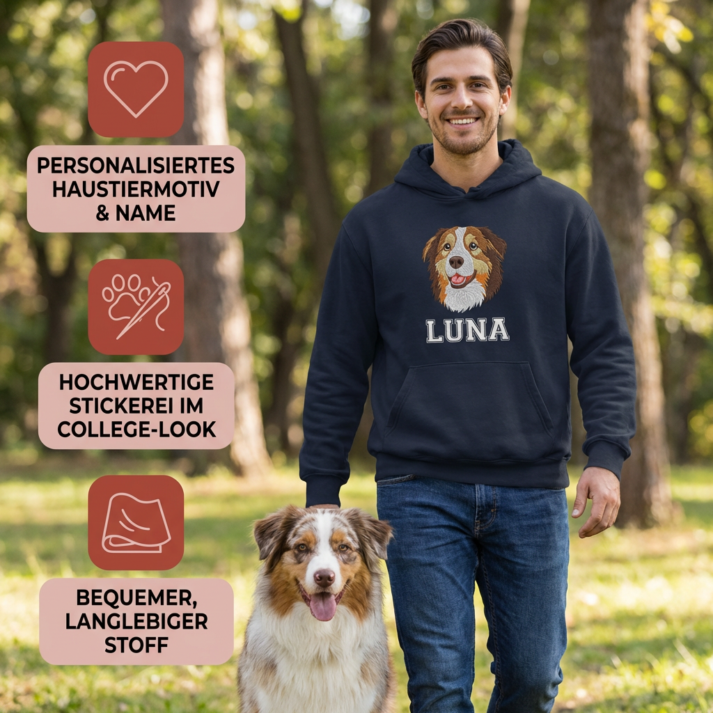 Personalisierter Hunde Hoodie  – Haustiermotiv & Namensstickerei im College-Look