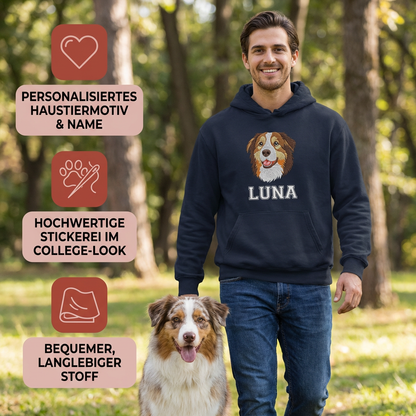 Personalisierter Hunde Hoodie  – Haustiermotiv & Namensstickerei im College-Look