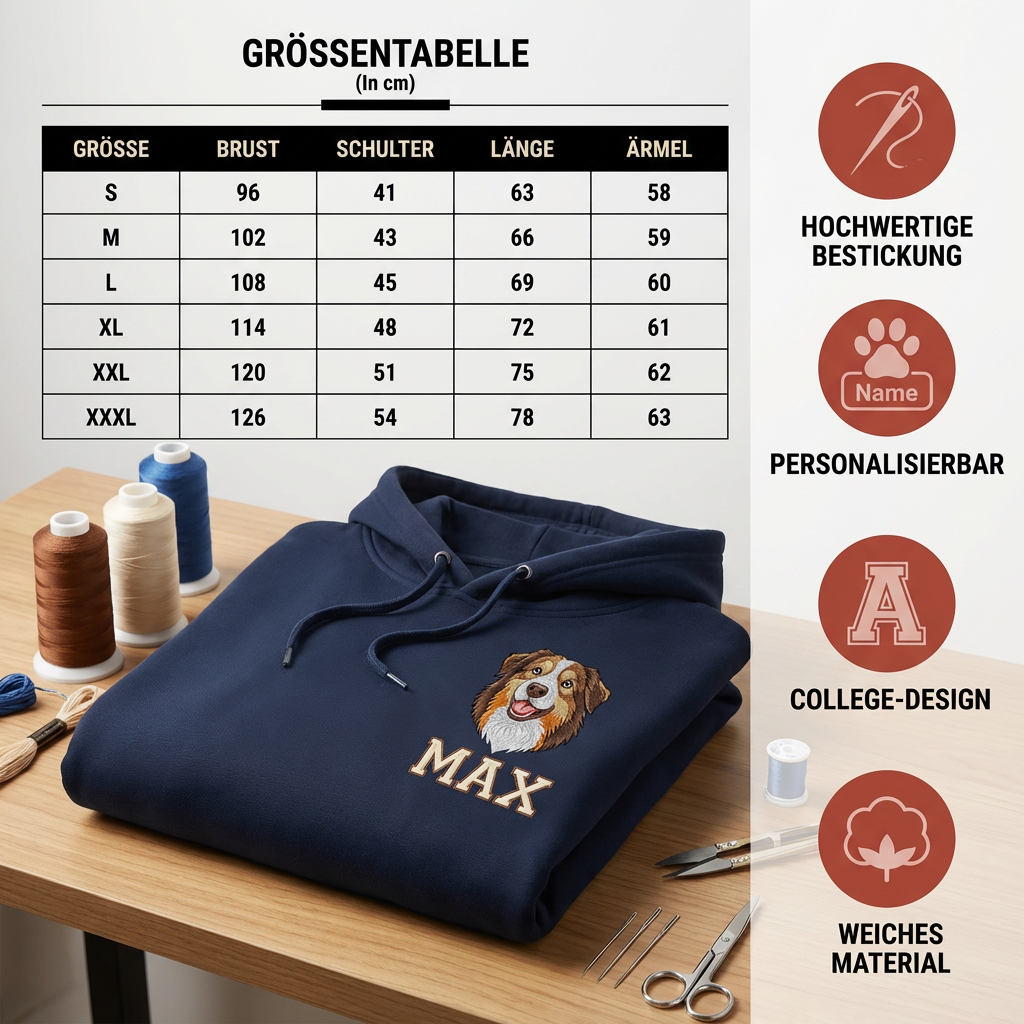 Personalisierter Hunde Hoodie  – Haustiermotiv & Namensstickerei im College-Look