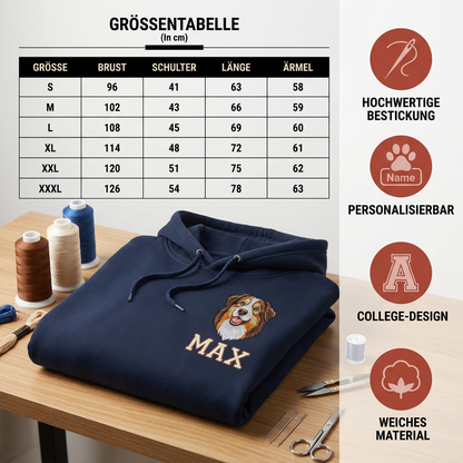 Personalisierter Hunde Hoodie  – Haustiermotiv & Namensstickerei im College-Look