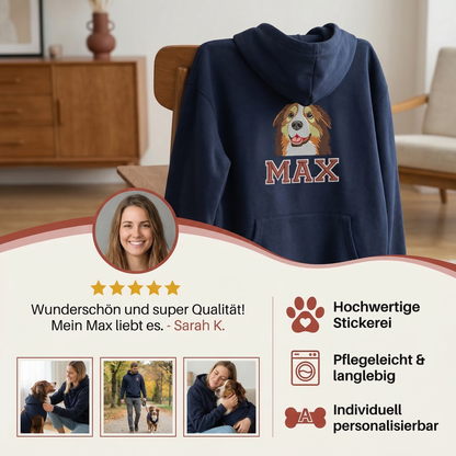 Personalisierter Hunde Hoodie  – Haustiermotiv & Namensstickerei im College-Look