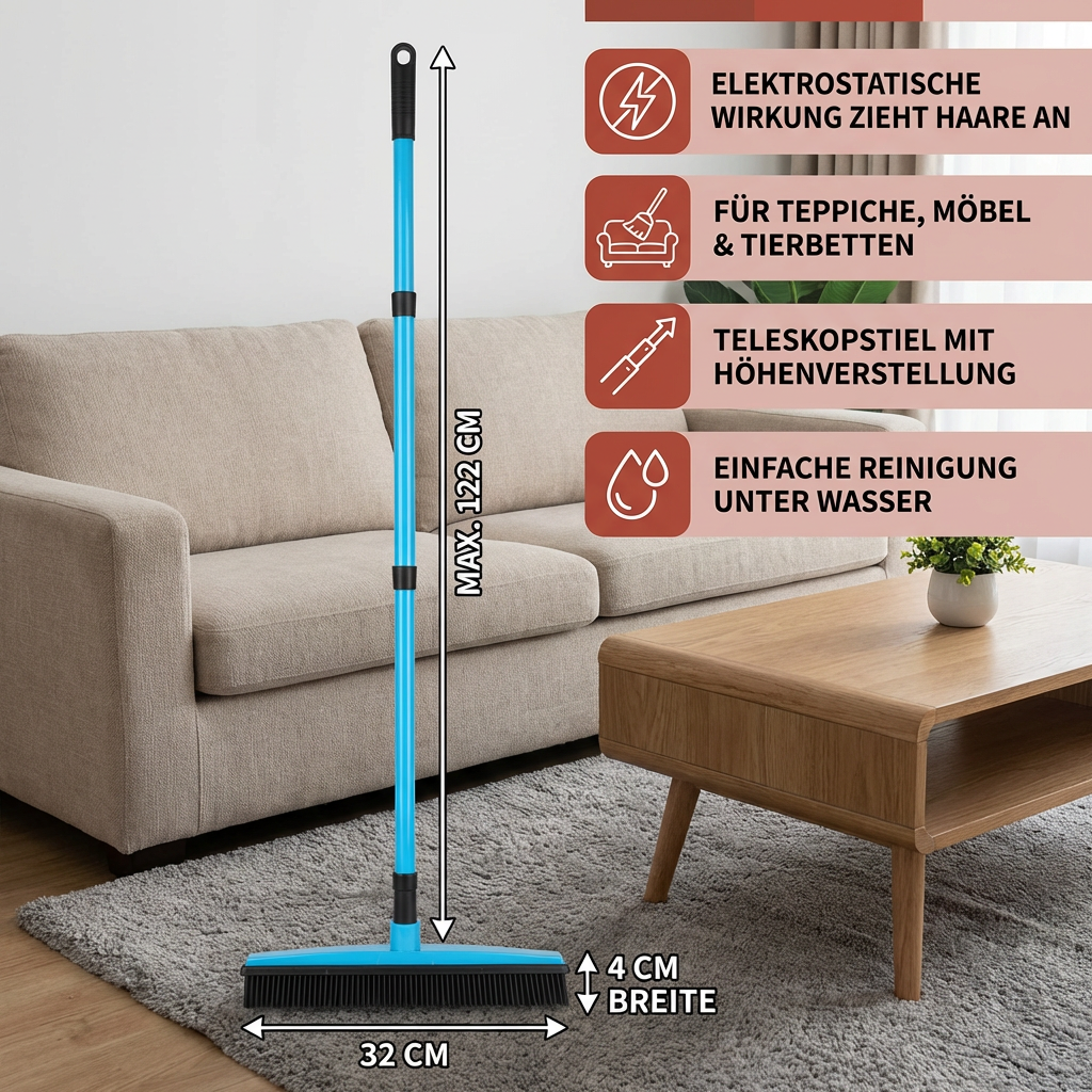 Tierhaar-Entferner Besen mit Teleskopstiel – Für Teppich, Sofa & Tierbetten