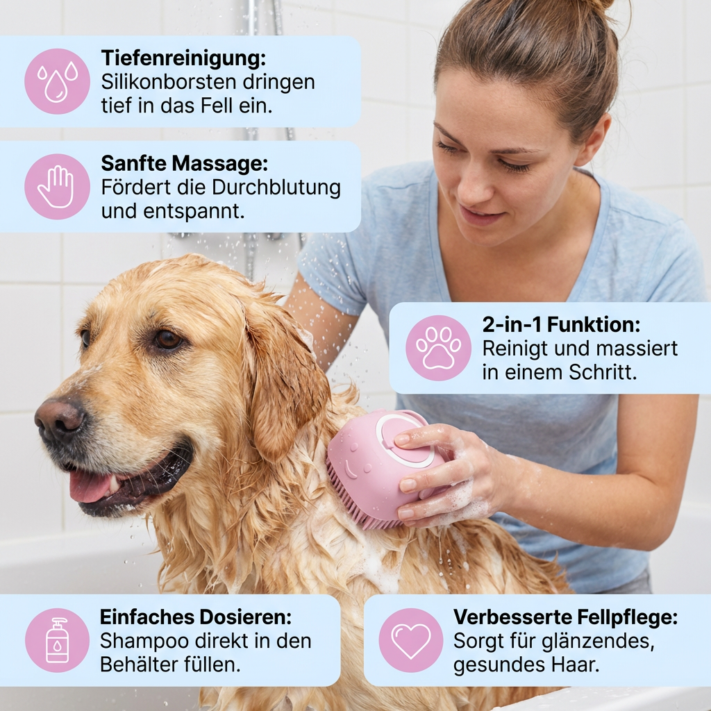 Praktische 2-in-1 Profi Hundebadebürste – Tiefenreinigung & Massage in einem Schritt