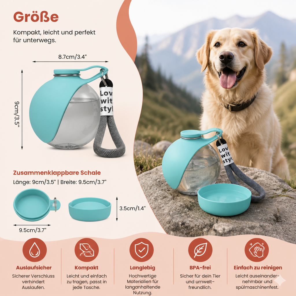 Kugelförmige 2-in-1 Trinkflasche für Hunde – Auslaufsichere Wasserflasche mit Silikonnapf