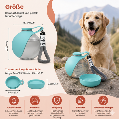 Kugelförmige 2-in-1 Trinkflasche für Hunde – Auslaufsichere Wasserflasche mit Silikonnapf