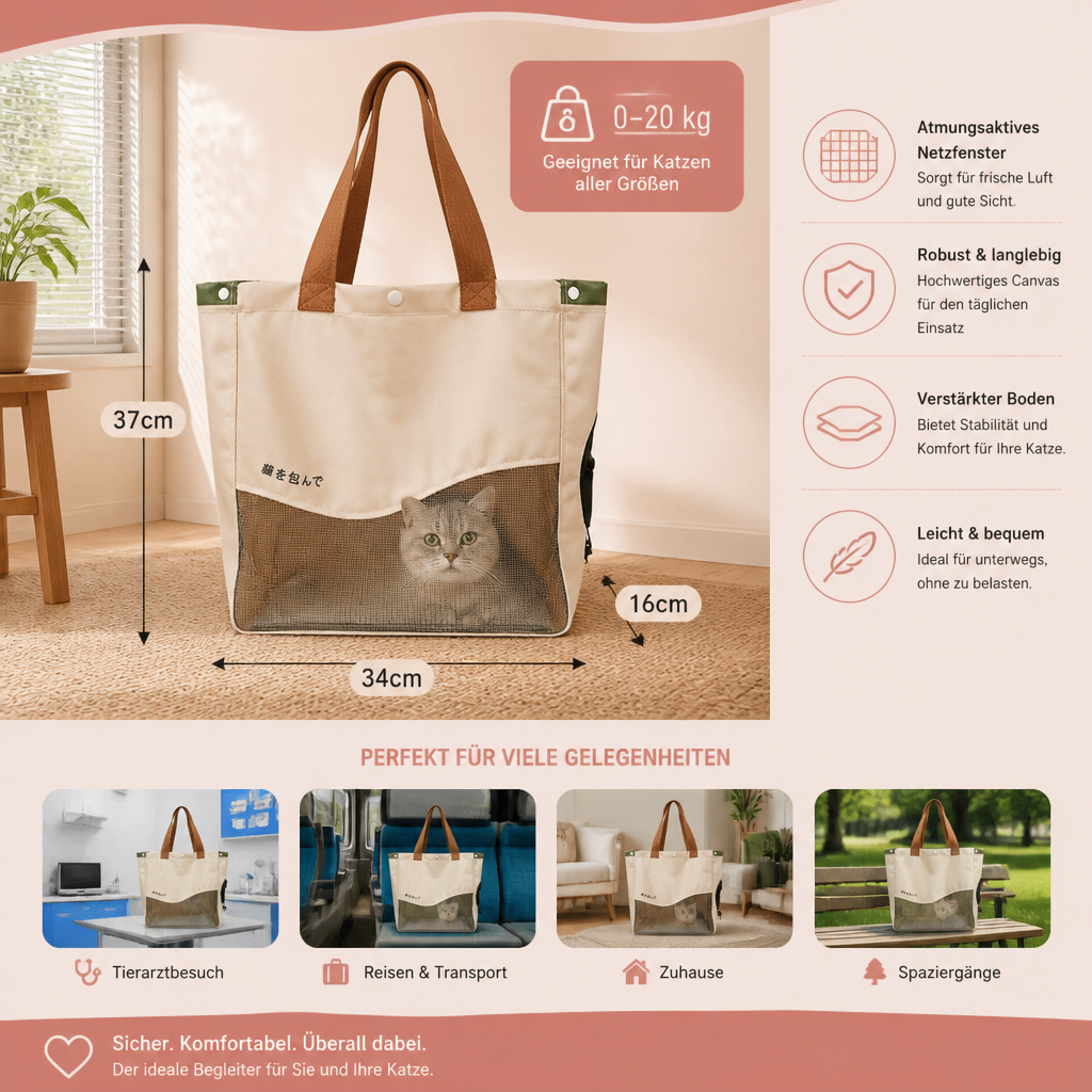 Atmungsaktive Tragetasche aus Canvas für Katzen mit Netzfenster