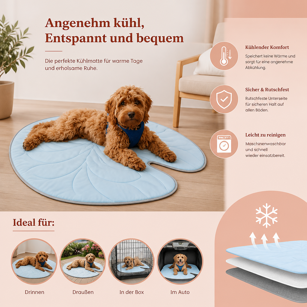 Kühlende Haustiermatte in Blattform – Waschbare Sommermatte mit rutschfester Unterseite