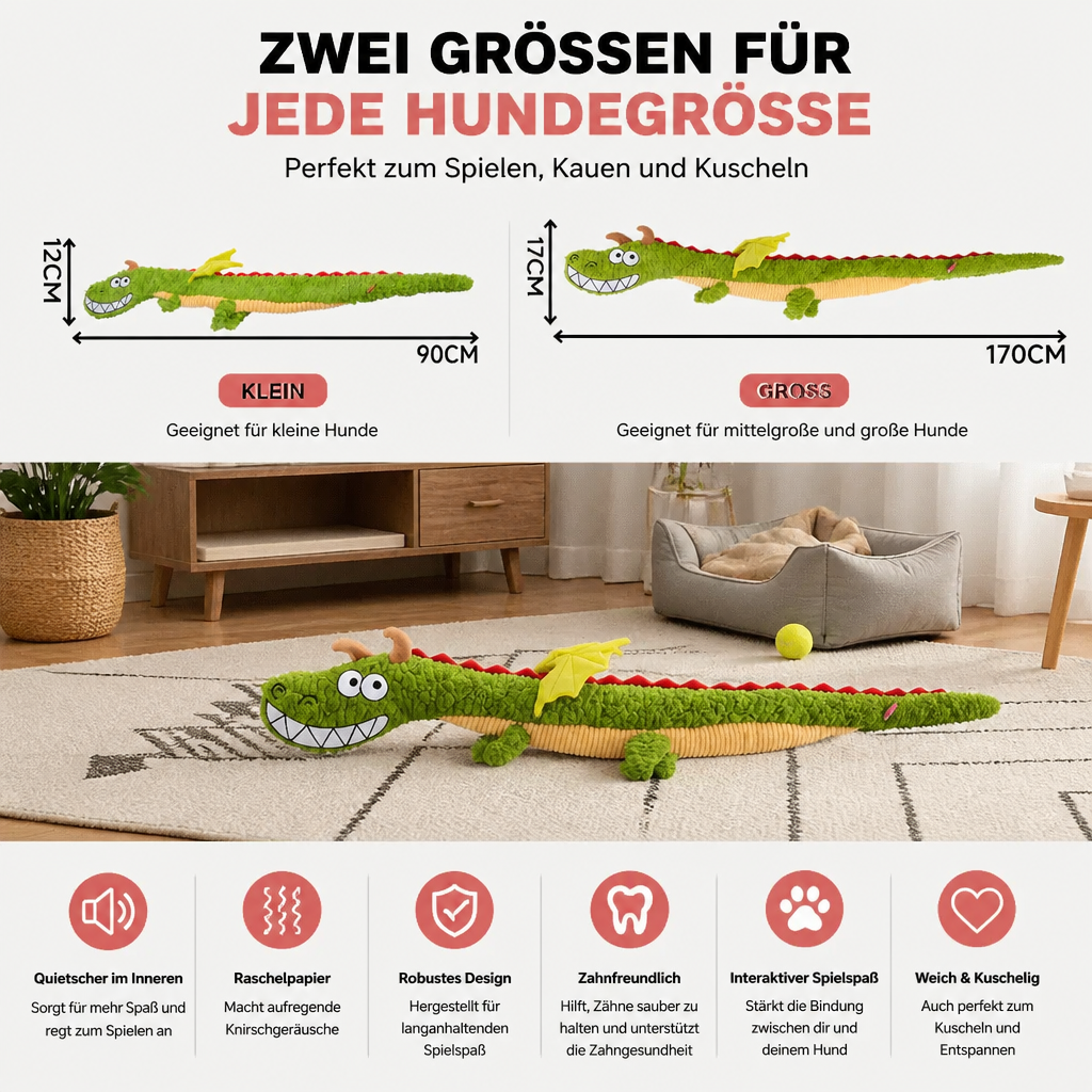 Robustes Plüsch-Drachen-Hundespielzeug – quietschendes Knister-Zerrspielzeug