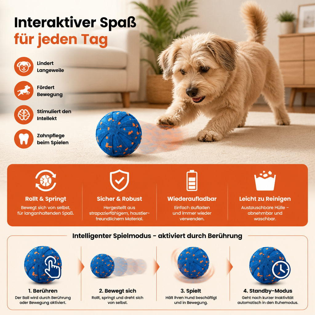 Interaktiver, wiederaufladbarer Hundeball – intelligentes Roll- und Zahnpflege-Kauspielzeug