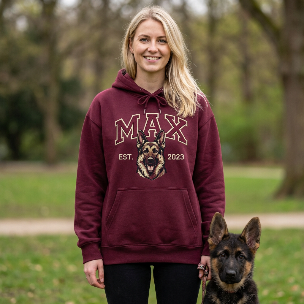 Personalisierter Hunde Hoodie  – Haustiermotiv & Namensstickerei im College-Look