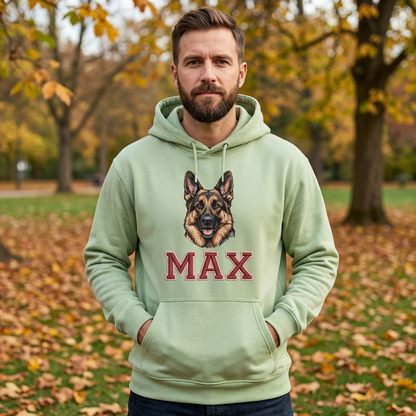 Personalisierter Hunde Hoodie  – Haustiermotiv & Namensstickerei im College-Look