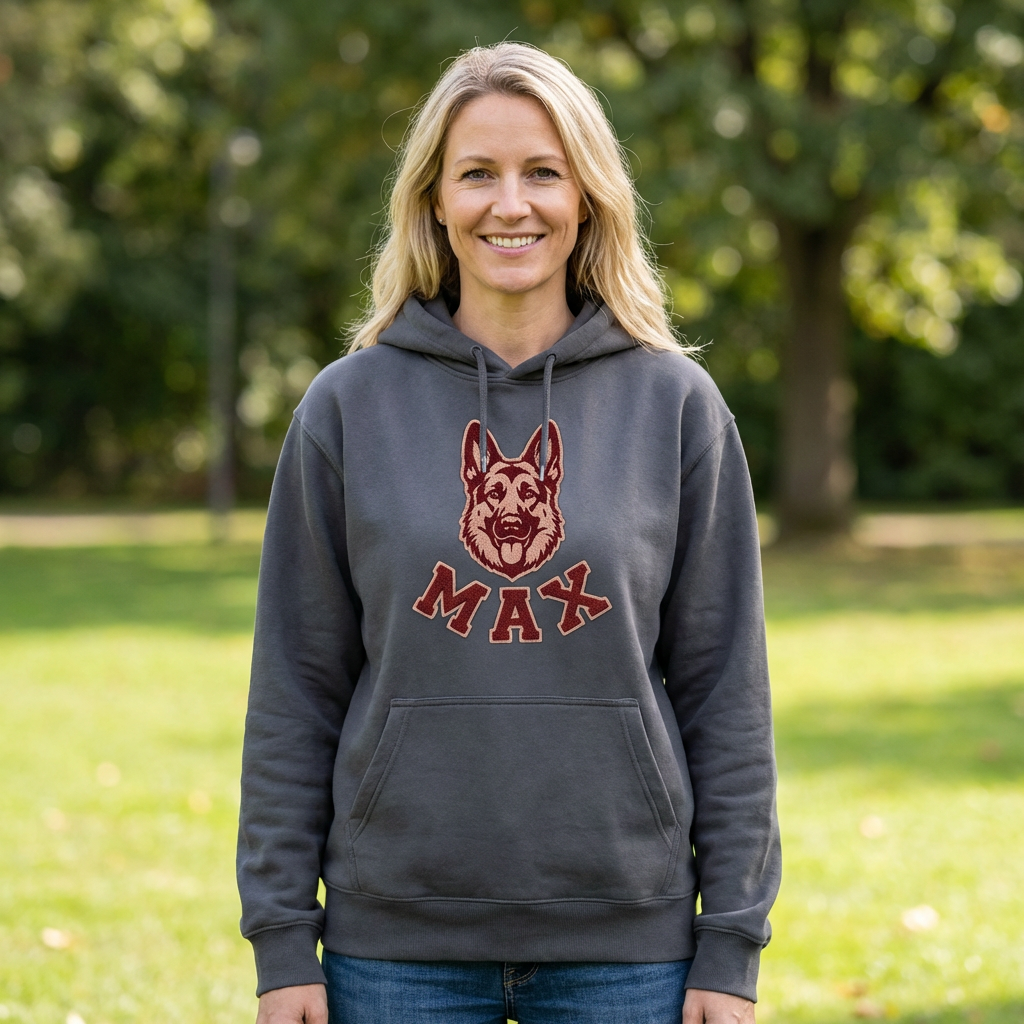 Personalisierter Hunde Hoodie  – Haustiermotiv & Namensstickerei im College-Look