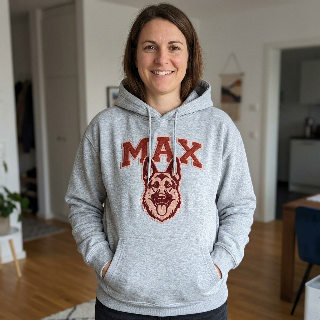 Personalisierter Hunde Hoodie  – Haustiermotiv & Namensstickerei im College-Look