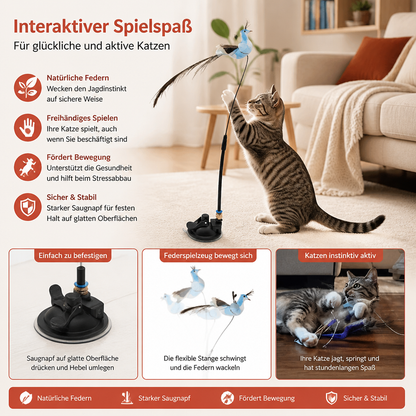 Freihändiges interaktives Katzenangel-Spielzeug mit Naturfedern & Saugnapf