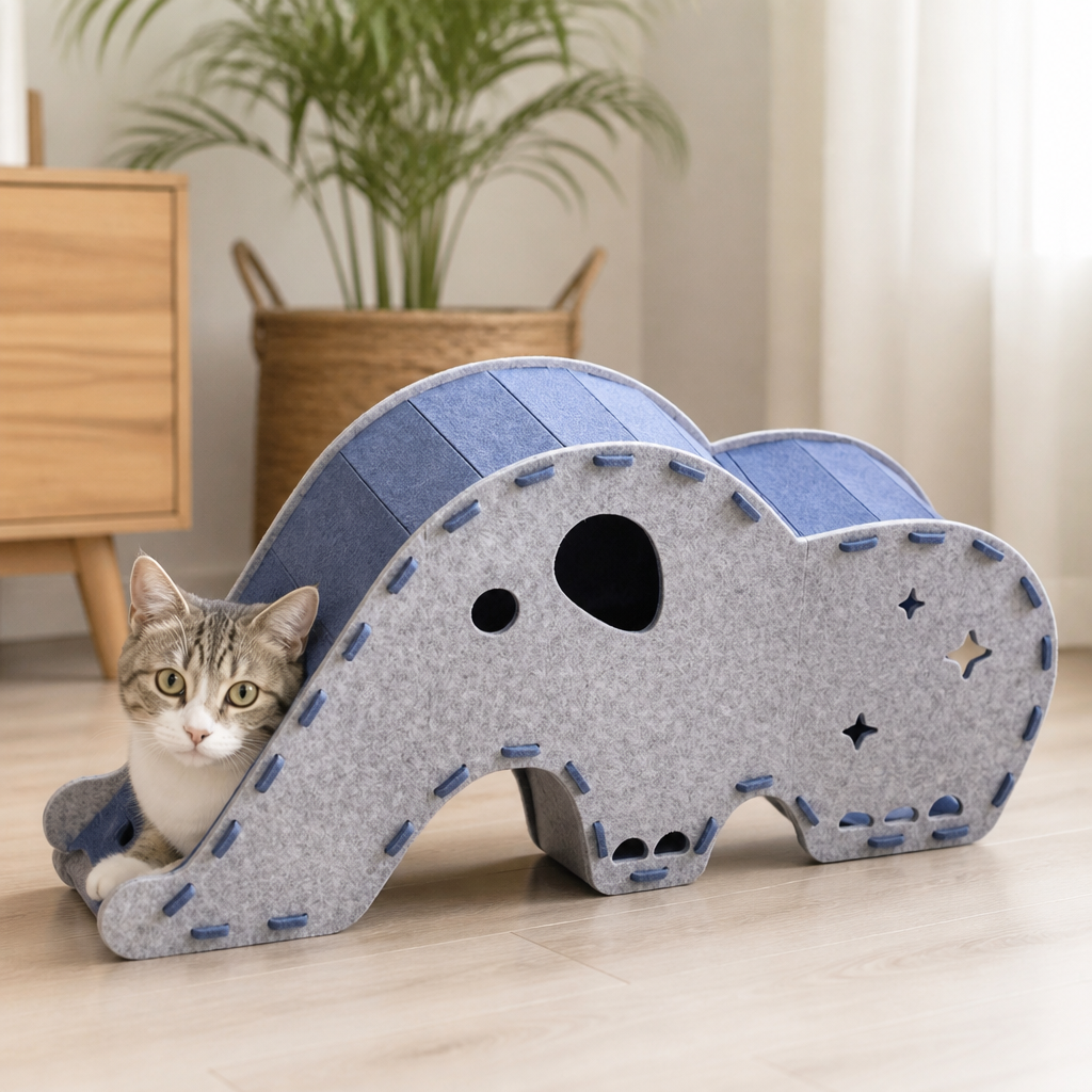 Elefantenförmiger Katzen-Spieltunnel aus Filz & gemütliches Bett – Faltbares und verbindbares Design