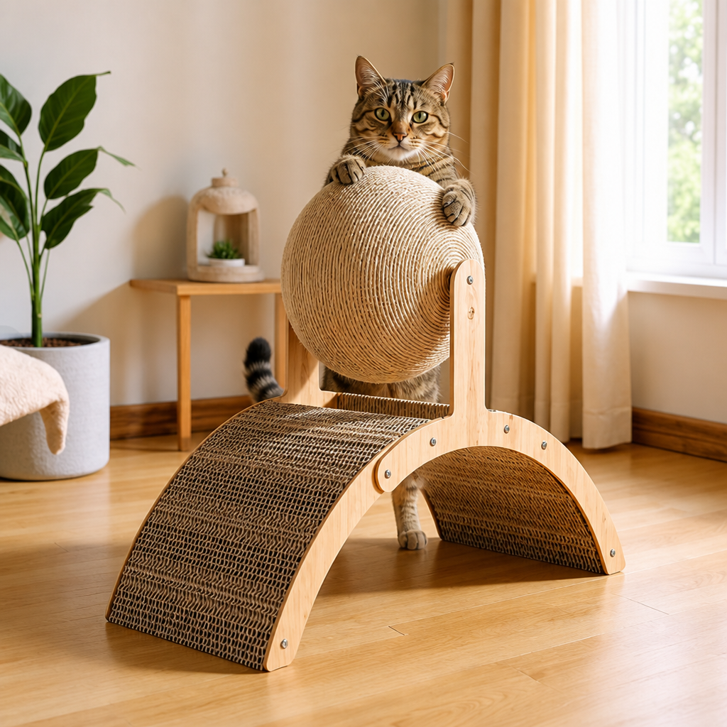 Interaktiver Riesenrad-Katzenkratzer mit drehbarem Juteball