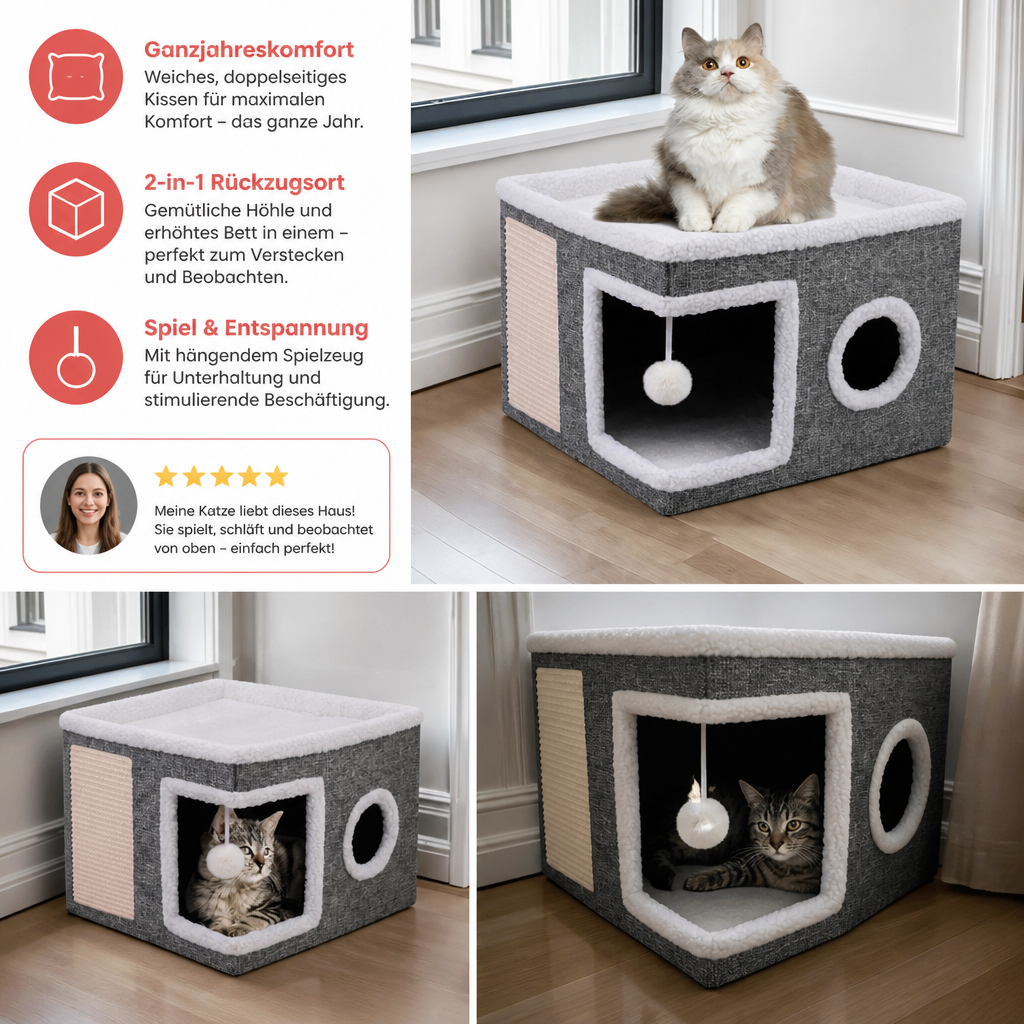 Modernes faltbares Katzenhaus mit doppelseitigem Ganzjahreskissen & Hängespielzeug