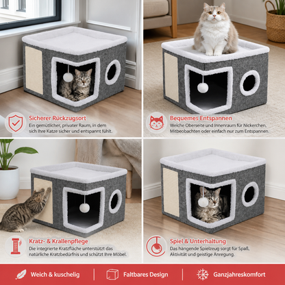 Modernes faltbares Katzenhaus mit doppelseitigem Ganzjahreskissen & Hängespielzeug