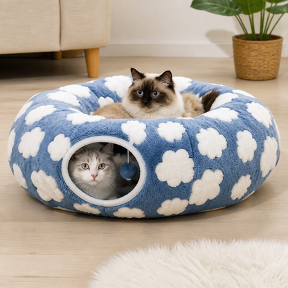 Flauschiger 2-in-1 Spieltunnel & beruhigendes Haustierbett mit Kuscheldecke und Guckloch