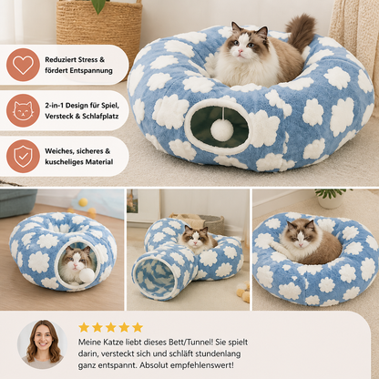 Flauschiger 2-in-1 Spieltunnel & beruhigendes Haustierbett mit Kuscheldecke und Guckloch