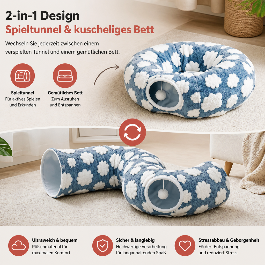 Flauschiger 2-in-1 Spieltunnel & beruhigendes Haustierbett mit Kuscheldecke und Guckloch