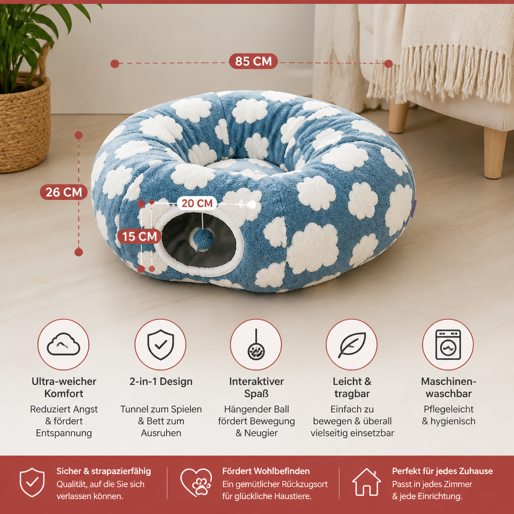 Flauschiger 2-in-1 Spieltunnel & beruhigendes Haustierbett mit Kuscheldecke und Guckloch