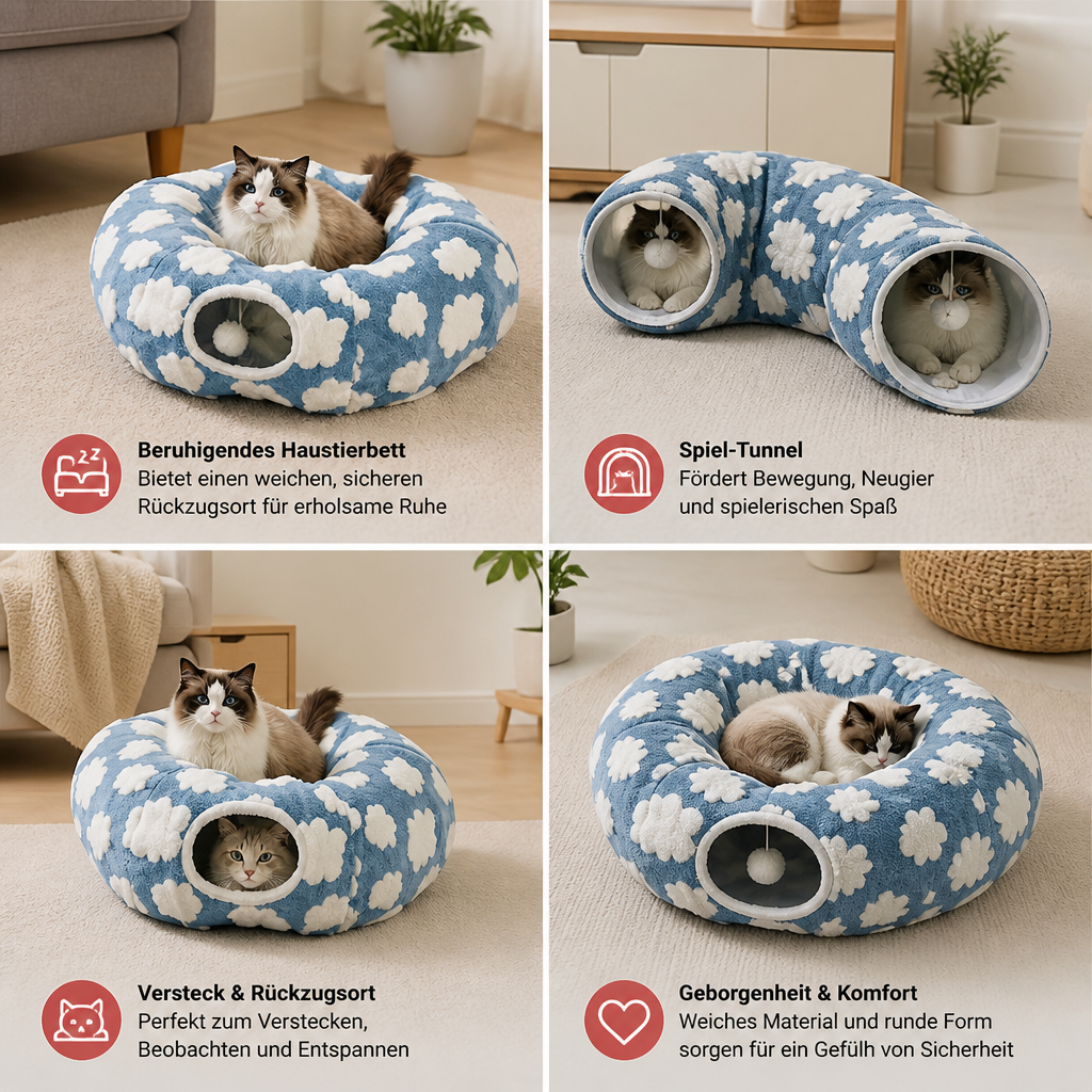 Flauschiger 2-in-1 Spieltunnel & beruhigendes Haustierbett mit Kuscheldecke und Guckloch