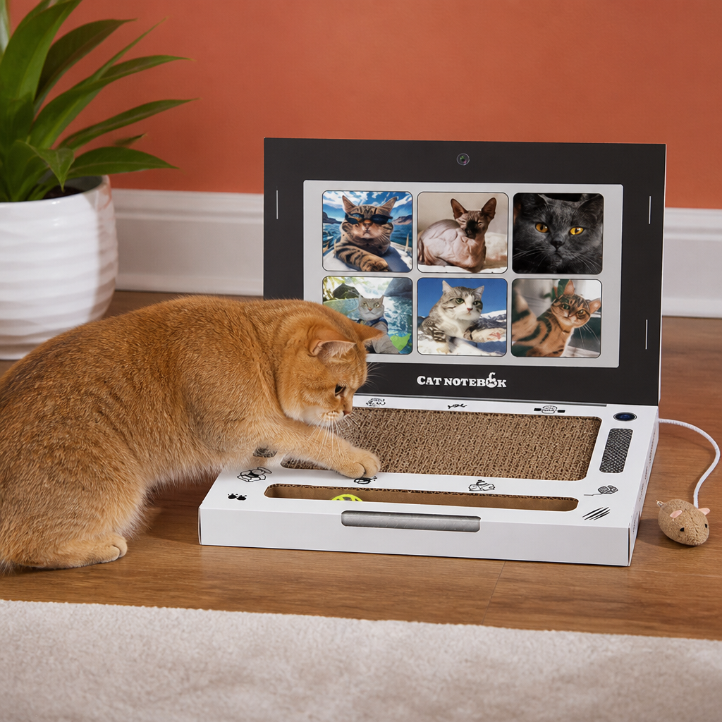 Laptop-Katzenkratzer aus Pappe & interaktives Spielzeug
