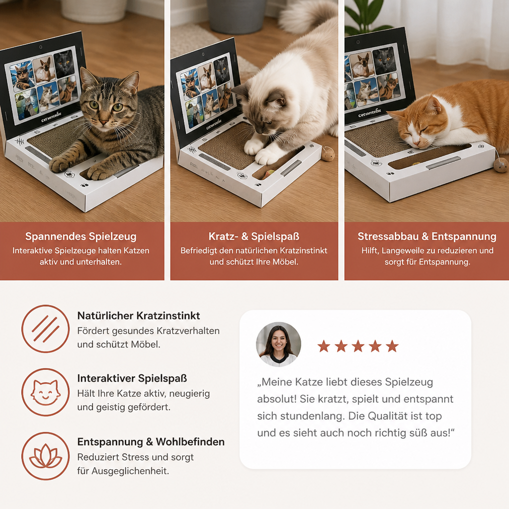 Laptop-Katzenkratzer aus Pappe & interaktives Spielzeug