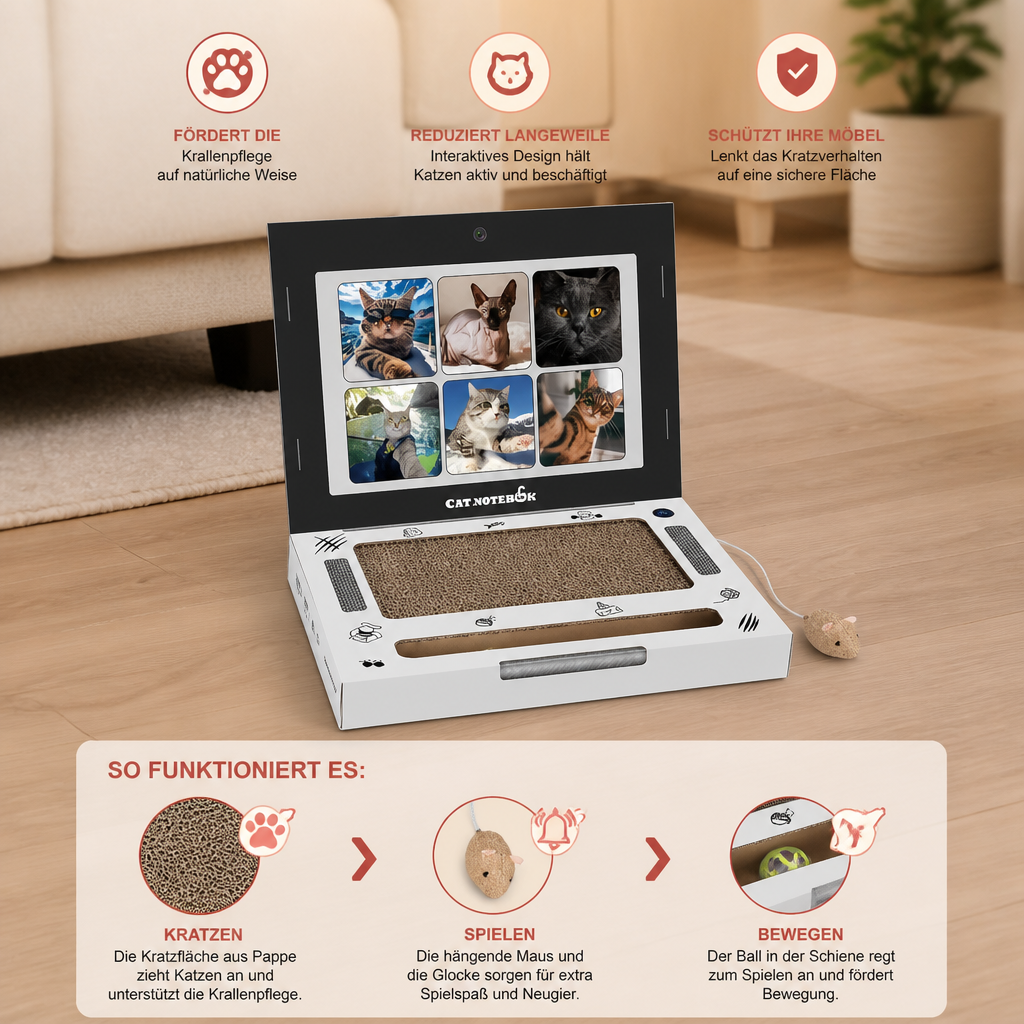 Laptop-Katzenkratzer aus Pappe & interaktives Spielzeug