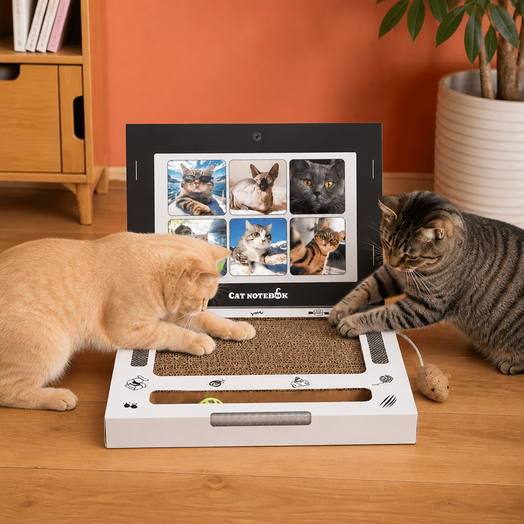 Laptop-Katzenkratzer aus Pappe & interaktives Spielzeug