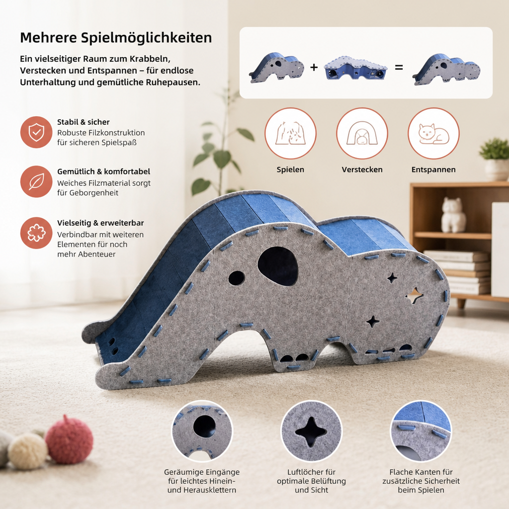 Elefantenförmiger Katzen-Spieltunnel aus Filz & gemütliches Bett – Faltbares und verbindbares Design
