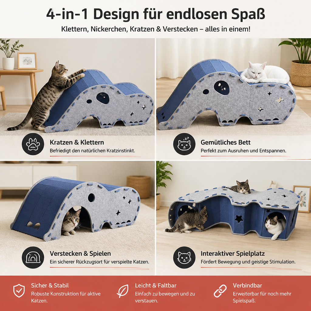Elefantenförmiger Katzen-Spieltunnel aus Filz & gemütliches Bett – Faltbares und verbindbares Design