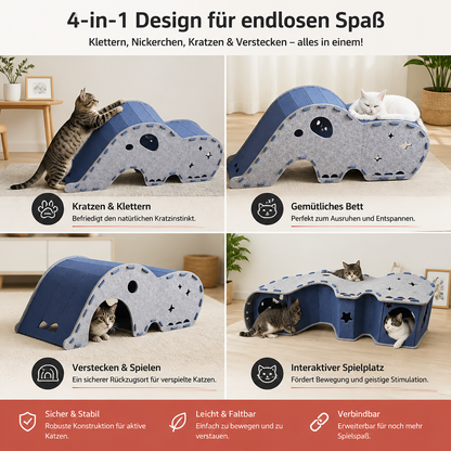 Elefantenförmiger Katzen-Spieltunnel aus Filz & gemütliches Bett – Faltbares und verbindbares Design