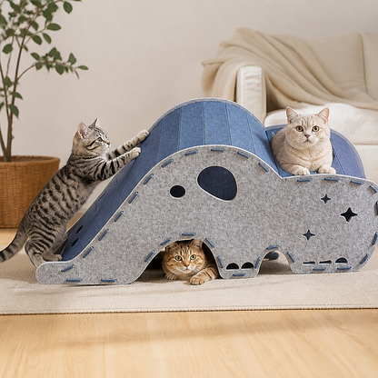 Elefantenförmiger Katzen-Spieltunnel aus Filz & gemütliches Bett – Faltbares und verbindbares Design