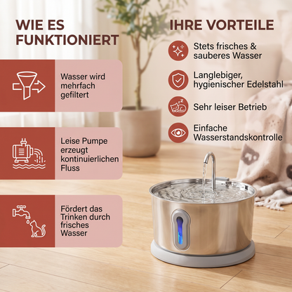 Intelligenter, antibakterieller Trinkbrunnen aus Edelstahl für Haustiere – 4 l, extrem leise, für eine bessere Flüssigkeitszufuhr und Gesundheit Ihres Haustieres