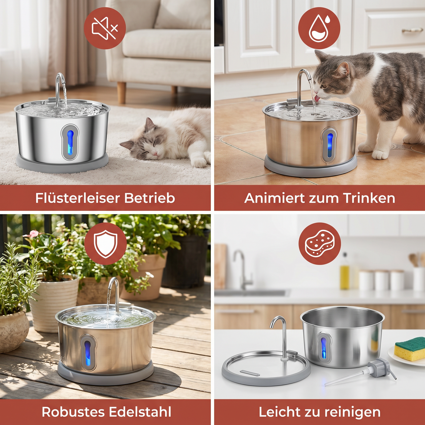 Intelligenter, antibakterieller Trinkbrunnen aus Edelstahl für Haustiere – 4 l, extrem leise, für eine bessere Flüssigkeitszufuhr und Gesundheit Ihres Haustieres