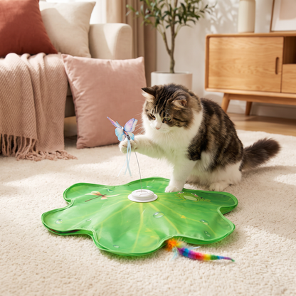 Interaktives 3-in-1-Katzenspielzeug mit Schmetterling – Spielmatte mit Schmetterling und Feder-Spielzeug