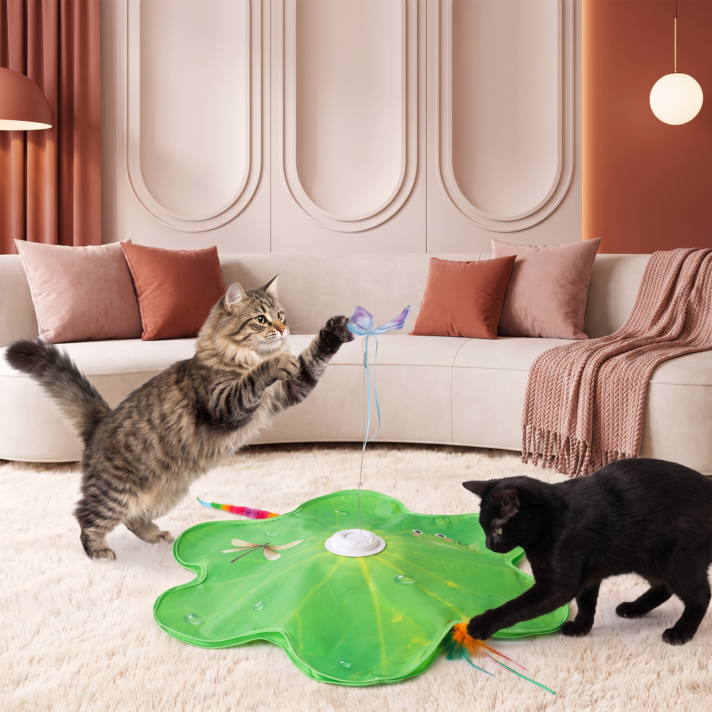 Interaktives 3-in-1-Katzenspielzeug mit Schmetterling – Spielmatte mit Schmetterling und Feder-Spielzeug