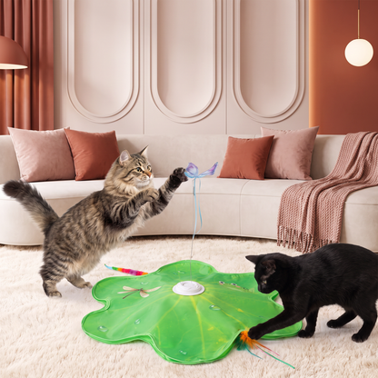 Interaktives 3-in-1-Katzenspielzeug mit Schmetterling – Spielmatte mit Schmetterling und Feder-Spielzeug