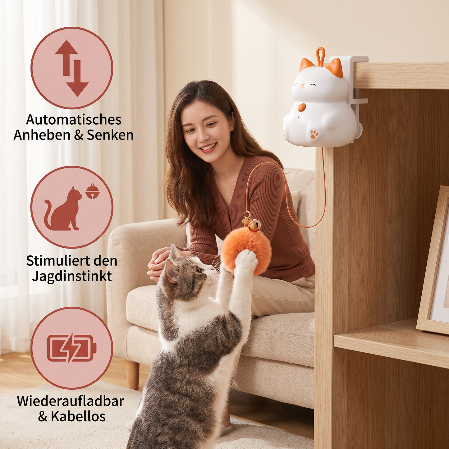 Interaktives, wiederaufladbares Katzenspielzeug – Automatischer Pompon-Wurfspielzeug mit Hebemechanismus