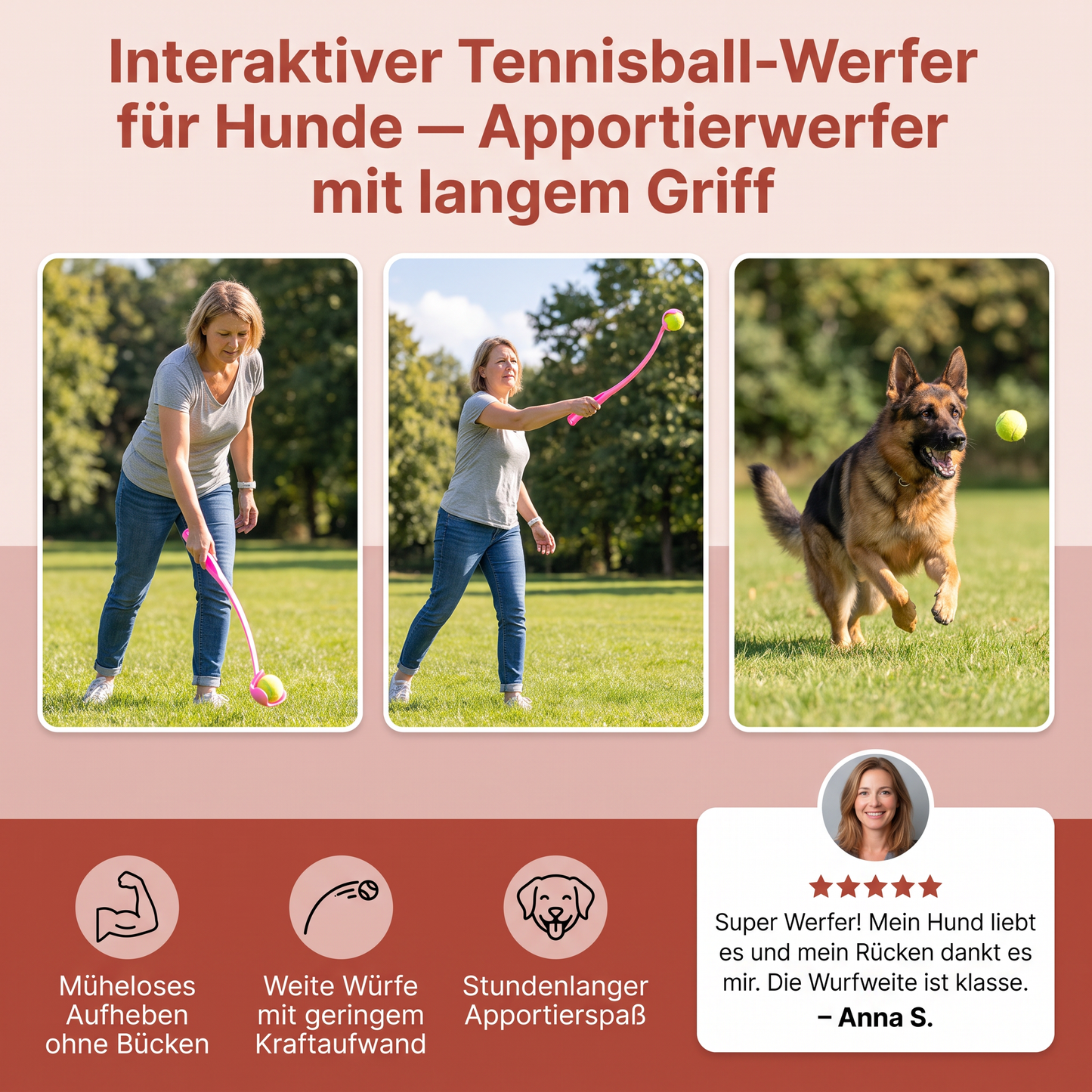 Interaktiver Tennisball-Werfer für Hunde – Apportierwerfer mit langem Griff
