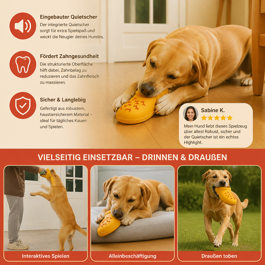 Interaktives Hausschuh-Hundekauspielzeug mit Quietscher