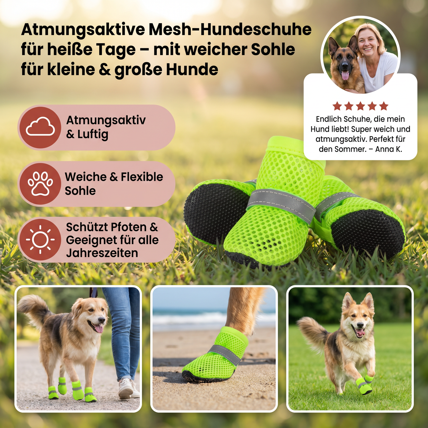 Atmungsaktive Mesh-Hundeschuhe für heiße Tage – mit weicher Sohle für kleine & große Hunde