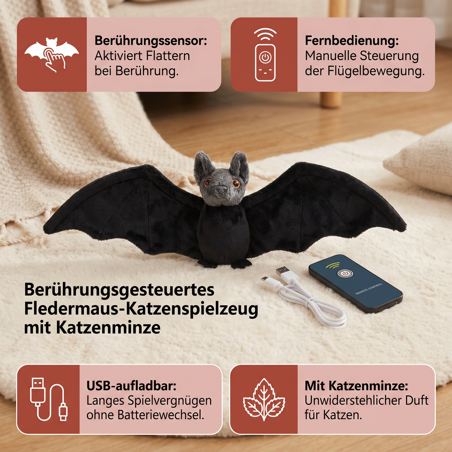 Berührungsgesteuertes Fledermaus-Katzenspielzeug zum Flattern mit Katzenminze