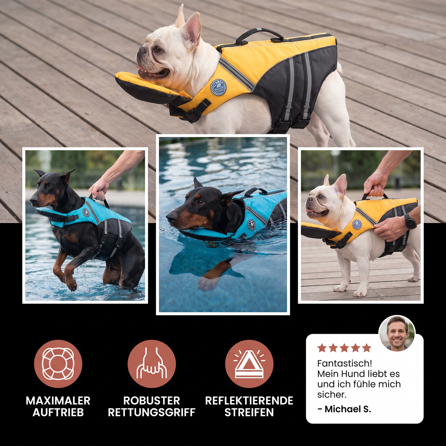 Sicherheits-Schwimmweste für Hunde mit Rettungsgriff