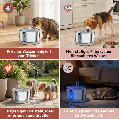 Intelligenter, antibakterieller Trinkbrunnen aus Edelstahl für Haustiere – 4 l, extrem leise, für eine bessere Flüssigkeitszufuhr und Gesundheit Ihres Haustieres