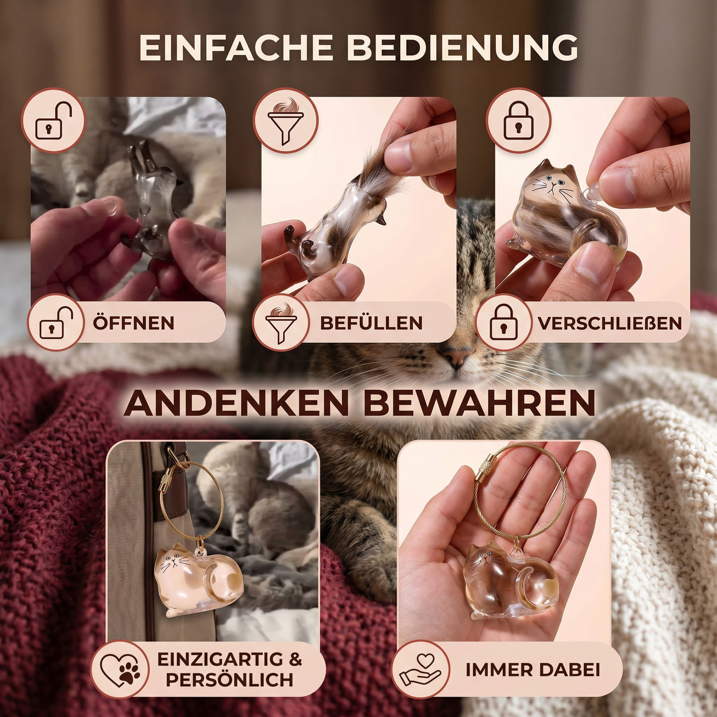 Schlüsselanhänger als Andenken mit Katzenhaaren – Andenkenhalter für Tierhaare